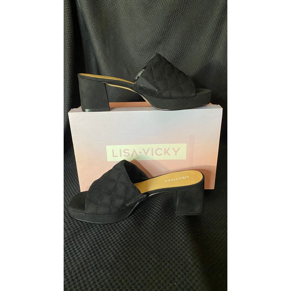 Lisa Vicky Mindfulx-V Black Kid Suede Quilted Platform Block Heel Mules Size 8M